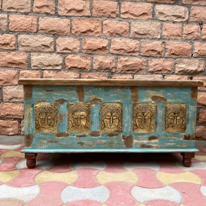 Wooden Indian Buddha Trunk Box ,Solid Wood Furniture,Blue Trunk And Coffee Table,LivingRoom Storage Trunk Box For Home,Mango Wood Trunk