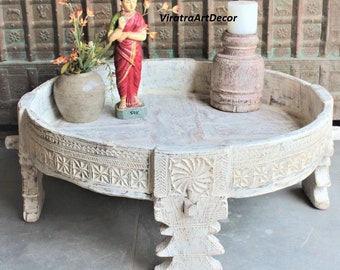 Wooden White Round Beatifull Carved Decor Coffee Table,Chakki Table,Side Table,Indian Table For Home,Grinder Table,Cocktail Table