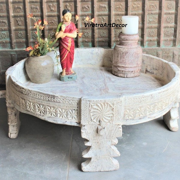 Wooden White Round Beatifull Carved Antique Coffee Table,Chakki Table,Side Table,Indian Table For Home,Grinder Table,Cocktail Table