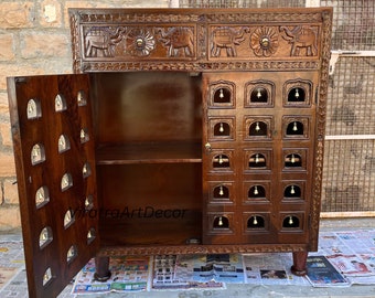 Mandir de madera de madera maciza india, hermosa decoración de pared, gabinete pulido con campanas de latón, cómoda con cajones para decoración del hogar