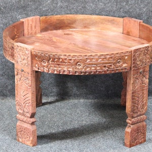 Wooden Round Chakki Table, Carved Mill Table For Home Decor,Side Cocktail Grinder Table,Vender Carved Dining Table