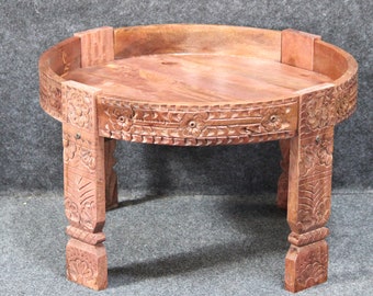 Wooden Round Chakki Table, Carved Mill Table For Home Decor,Side Cocktail Grinder Table,Vender Carved Dining Table