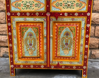 Indian Handicraft Wood Artistic Peacock Painted Bedside Furniture Cabinet, Bedroom Furniture, Side Storage Chest Of Dressers,Nightstand