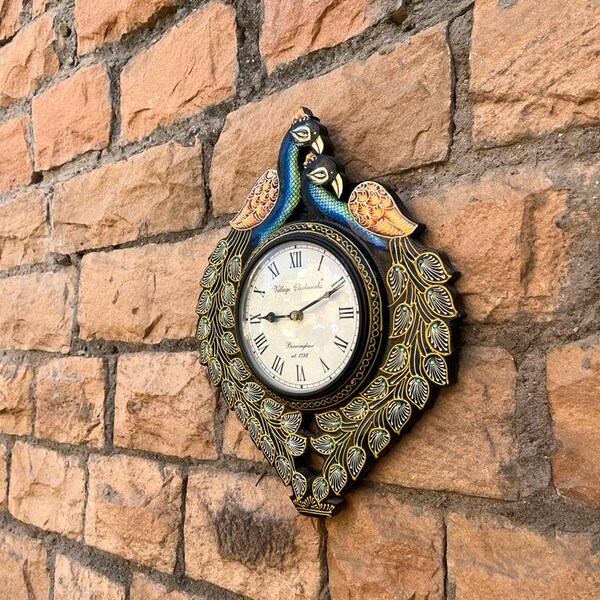 Wooden Indian  Royal Look Indian Art Rajasthani Art Large Big Hand Made Peacock Crafted  Decorative Designer Wall Clock