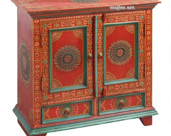 Handpainted Flower Indian Art Decor Wood Cabinet With 2 Drawer/ Beautifull Painted Bedside Drawer Table /Side Table Home Style Furniture