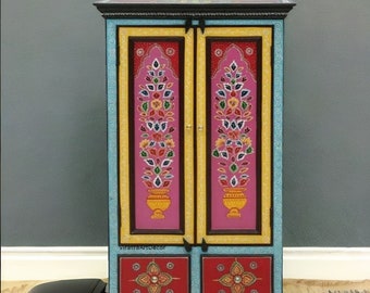 Wooden Indian Painting Cabinet Table: A Multifunctional Furniture Piece for Bedroom and Living Room Decor"