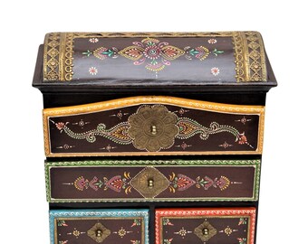 Wooden Antique Handpainted Indian Fine Work Chest Of Drawer,Wood Rustic 4 Drawer Antique Desk Dressers Made In India,Viratra Art Decor