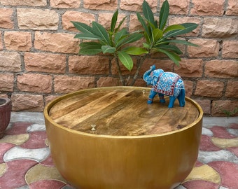 Wooden Solid Wood Mango Wood Golden Color Round Coffee Table,Dining Table,Handicrafts Art Cocktail Table