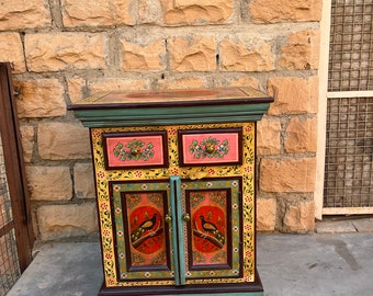 Wooden Peacock Bedside Table For Home,Indian Cabinet With Drawer,Hand Painted Chest For Livingroom Furniture,Side Table