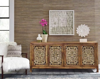 Madera maciza india Hermosa madera maciza 4 - Gabinete de acento de puerta / Gabinete tallado a mano para el hogar y la oficina / Decoración de la sala de estar / Soporte de TV