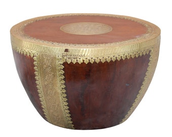 Beautiful Indian Handicraft Round Brass Fitted Drum Coffee Table/Solid Brown Side Table/Indian Central Coffee Table/Living Room Furniture