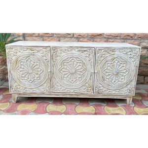 Wooden TV Stand, Home Decor Carved Cabinet,Solid Wood White Color Furniture,Indian Mango Wood Sideboard,Cabinet,With 3 Doors