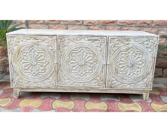 Wooden TV Stand, Home Decor Carved Cabinet,Solid Wood White Color Furniture,Indian Mango Wood Sideboard,Cabinet,With 3 Doors