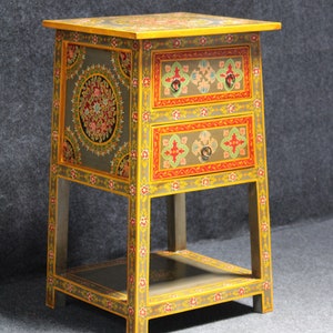Wooden Indian Beautiful Hand Panted Drawer Table,Furniture,Solid Wood Hand-Painted Bedside Cabinet Finish,Sideboard