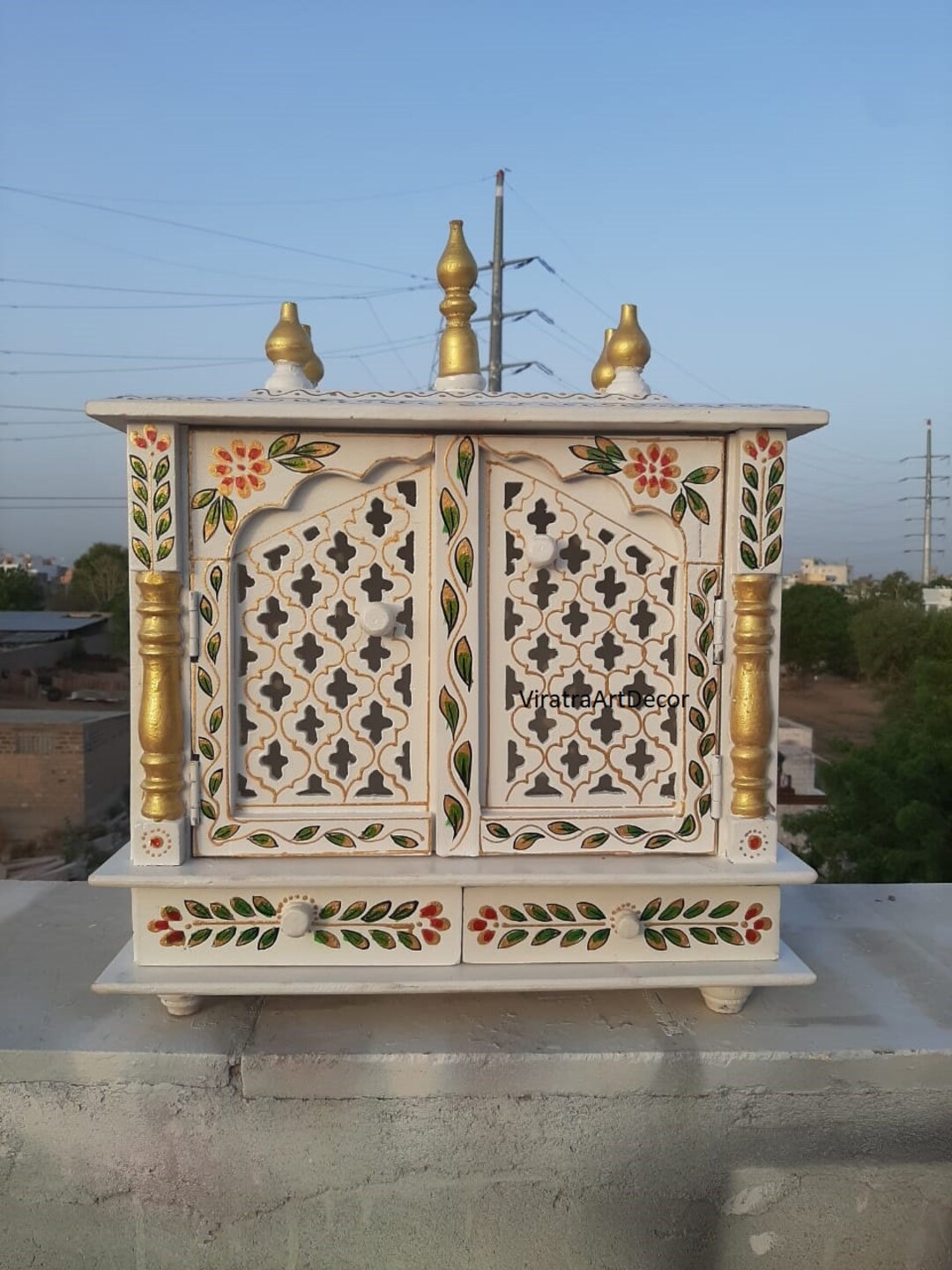 Wooden Wall Hanging Pooja Mandir Solid Wood White Golden Etsy