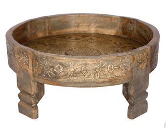 Indian Beautiful Brass Fitted Chakki Table,Coffee Table,Wood Room Decor,Round Grander Chakki Table,Craving Chakki Table , Entryway Furniture