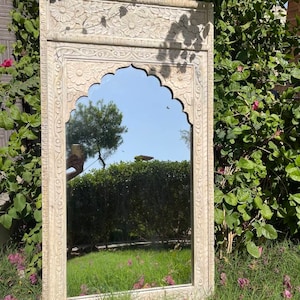 Wooden Indian Carving Mirror, Indian Hand Carved Wooden Wall Mirror, Floral Vine Arch Distressed Finish Barn Mirror, Mid Century Mirro