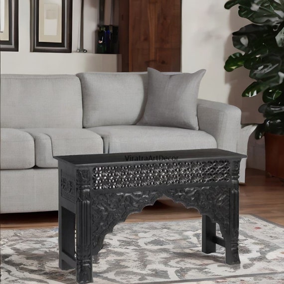 Wooden Indian Matte Black Carved Wood Console Table beautiful