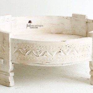 Indian Wooden Round Side Grinder Coffee Table, Indian Handmade carved White Distressed Chakki Table For Home Decor,Bedroom Furniture