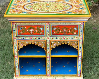 Hand Painted Mango Wood Console / Hallway Table / Bookcase/wooden cabinet drawers/Peacock Painting ,HandPanted Furniture,BedRoom Furniture