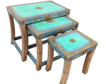 Wooden Decor Stool Set of 3 Stool,,Wood Brass Fitted Stool,Wood Beatifull Stool For Home Decor,Living Room Furniture,Made In India