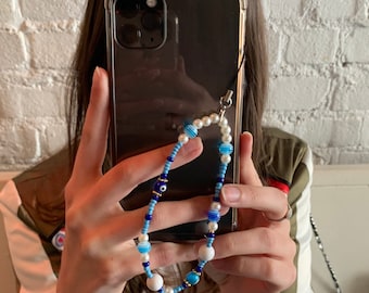 Santorini phone strap|phone charm|beaded phone string|Y2K 90s phone strap|charm strap|custom blue phone strap|Y2K 90s phone accessory