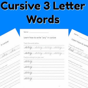May include: Two printable worksheets for practicing cursive handwriting. The first worksheet focuses on writing the word "she" in cursive. The second worksheet focuses on writing the word "any" in cursive.
