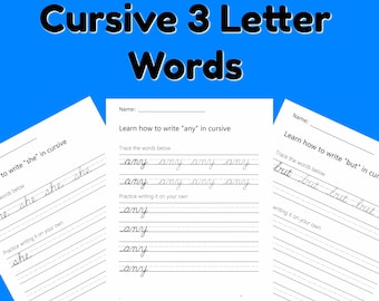 Cursive Letter Worksheets for 3 letter words - Instant download!