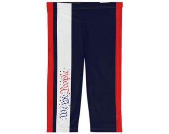 Wir, die Menschen Script, Capri Leggings | Bunt Rot Weiß Blau Gestreift
