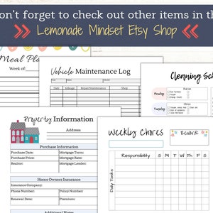 May include: Printable planner pages with a black and white design. The pages include sections for meal planning, vehicle maintenance, cleaning schedule, weekly chores, and property information. The pages are designed to help you stay organized and on track.