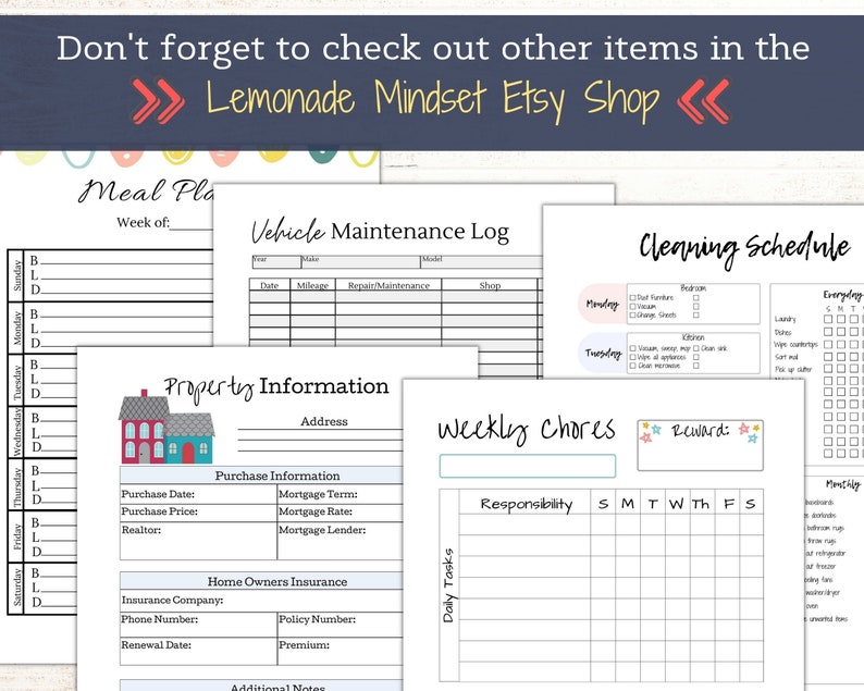 May include: Printable planner pages with a black and white design. The pages include sections for meal planning, vehicle maintenance, cleaning schedule, weekly chores, and property information. The pages are designed to help you stay organized and on track.