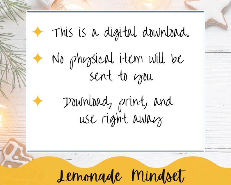 May include: White rectangular digital download with the text "This is a digital download. No physical item will be sent to you. Download, print, and use right away." The bottom of the image reads "Lemonade Mindset."