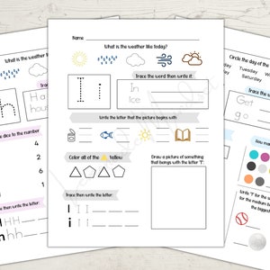 May include: A printable worksheet for kids to practice tracing letters, words, and numbers. The worksheet includes activities like matching dice to numbers, coloring shapes, and drawing pictures. The worksheet also includes a section for tracing the letters H, h, I, and i.