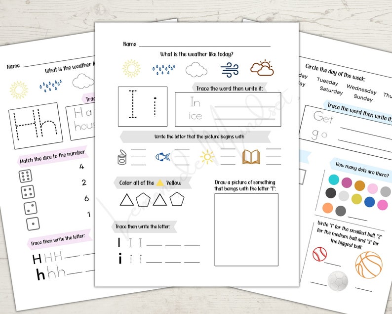 May include: A printable worksheet for kids to practice tracing letters, words, and numbers. The worksheet includes activities like matching dice to numbers, coloring shapes, and drawing pictures. The worksheet also includes a section for tracing the letters H, h, I, and i.