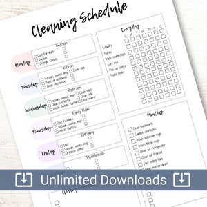 May include: A printable cleaning schedule checklist with a pink, green, and purple color scheme. The checklist includes daily, weekly, and monthly cleaning tasks for different areas of the home, such as the bedroom, kitchen, bathroom, family room, and entryway.