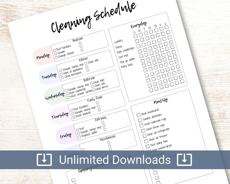 May include: A printable cleaning schedule checklist with a pink, green, and purple color scheme. The checklist includes daily, weekly, and monthly cleaning tasks for different areas of the home, such as the bedroom, kitchen, bathroom, family room, and entryway.