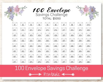 100 Envelope Savings Challenge | Savings Tracker Printable | Money Challenge | Savings Goal Log | Save 5050 Dollars |  Cash Envelope Tracker