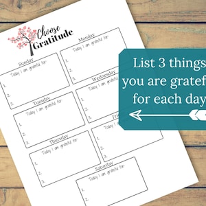 May include: A printable gratitude journal with a black and white design. The journal is divided into seven sections, one for each day of the week. Each section has a space for listing three things you are grateful for. The text "Choose Gratitude" is at the top of the page. The text "List 3 things you are grateful for each day" is in a teal box with a white arrow pointing to the left.