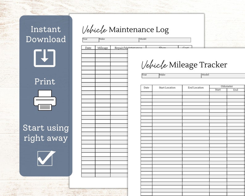 May include: Printable vehicle maintenance log and mileage tracker. The log includes sections for date, mileage, repair/maintenance, and cost. The tracker includes sections for date, start location, end location, and odometer readings.