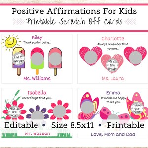 Carte d'affirmations positives imprimables pour les enfants, note autocollante à gratter motivante pour les étudiants, note de boîte à lunch pour les enfants