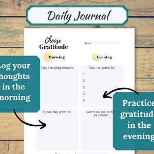 May include: A printable daily journal page with a teal and yellow color scheme. The page is divided into two sections: Morning and Evening. The Morning section has the text "Today I am looking forward to" and "To make today great I will". The Evening section has the text "Today I am grateful for" and "I want to look back on this and remember".