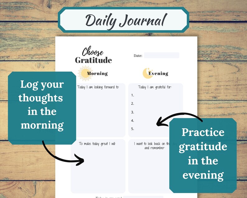 May include: A printable daily journal page with a teal and yellow color scheme. The page is divided into two sections: Morning and Evening. The Morning section has the text "Today I am looking forward to" and "To make today great I will". The Evening section has the text "Today I am grateful for" and "I want to look back on this and remember".