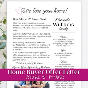 Plantilla de carta de oferta de vivienda, carta de oferta de comprador editable, carta al vendedor, carta de bienes raíces personalizada, carta de compra de vivienda, carta de presentación