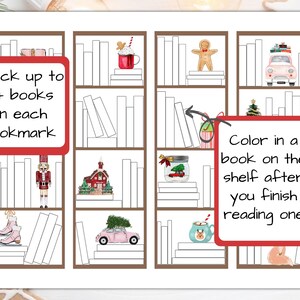 May include: A Christmas-themed bookmark with a bookshelf design. The bookmark features illustrations of holiday items like a gingerbread man, a car with a Christmas tree, and a nutcracker. Text on the bookmark reads, "Track up to 24 books on each bookmark" and "Color in a book on the shelf after you finish reading one."