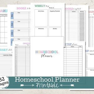 Puede incluir: Un planificador de homeschool imprimible de 32 p&aacute;ginas. El planificador incluye secciones para horarios diarios, preparaci&oacute;n semanal, listas de libros, planificaci&oacute;n de viajes, asistencia y rese&ntilde;as de libros. El planificador tiene un dise&ntilde;o colorido con un t&iacute;tulo de arco&iacute;ris.