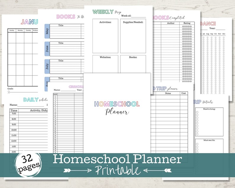 Puede incluir: Un planificador de homeschool imprimible de 32 p&aacute;ginas. El planificador incluye secciones para horarios diarios, preparaci&oacute;n semanal, listas de libros, planificaci&oacute;n de viajes, asistencia y rese&ntilde;as de libros. El planificador tiene un dise&ntilde;o colorido con un t&iacute;tulo de arco&iacute;ris.