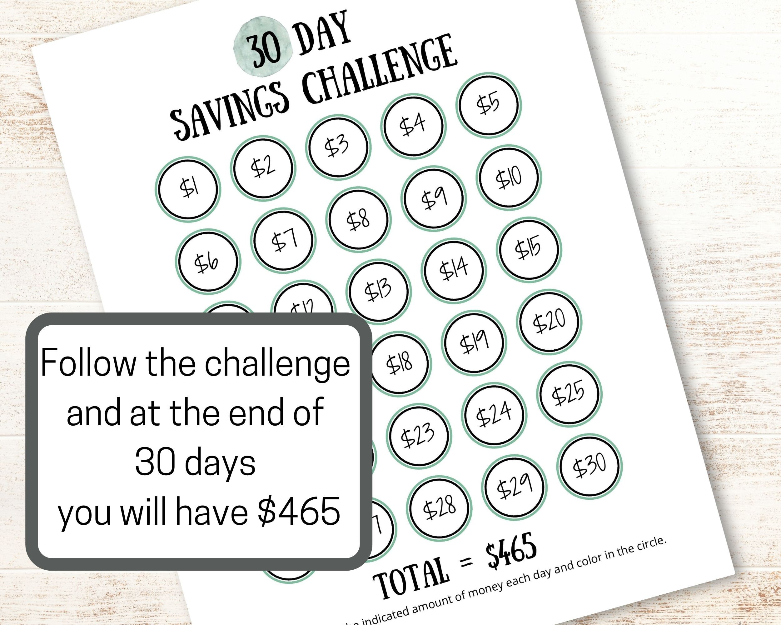 30 Day Savings Challenge Printable Money Challenge Tracker Money Goal ...