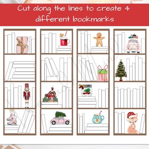 May include: Printable Christmas bookmarks featuring festive illustrations. Designs include a wrapped gift, gingerbread man, Christmas tree, and a pink car carrying presents. The text reads: "Cut along the lines to create 4 different bookmarks."