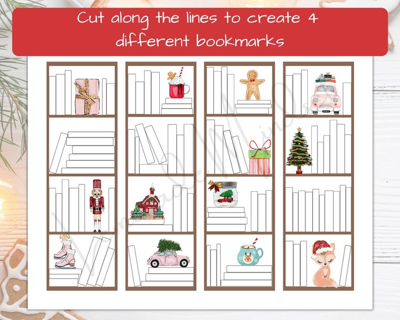 May include: Printable Christmas bookmarks featuring festive illustrations. Designs include a wrapped gift, gingerbread man, Christmas tree, and a pink car carrying presents. The text reads: "Cut along the lines to create 4 different bookmarks."