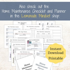 May include: A printable home maintenance checklist and planner with a yellow sticker that says "Instant Download Printable". The checklist includes sections for contacts, projects, seasonal checklists, and a maintenance log.